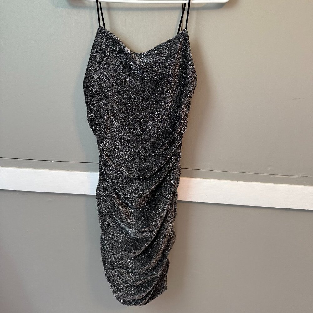 Spaghetti Strap, black sparkly NYE bodycon, ruched mini dress